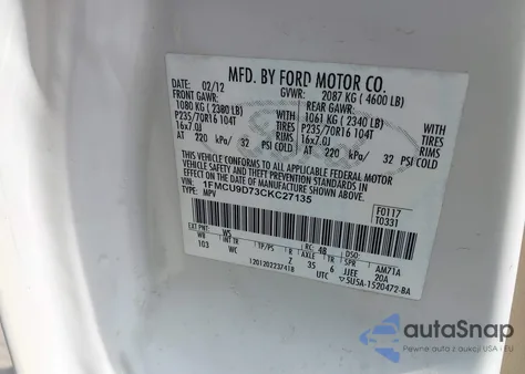 2012 Ford Escape Xlt z USA, uszkodzony, nr VIN 1FMCU9D73CKC27135